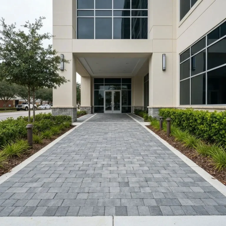 Commercial property entryway paved with durable gray interlocking pavers in Orlando, Florida — Rock Pavers.